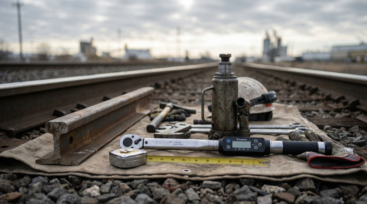 Комплект профессионального путевого инструмента для содержания железнодорожного пути на фоне рельсовой колеи и балласта