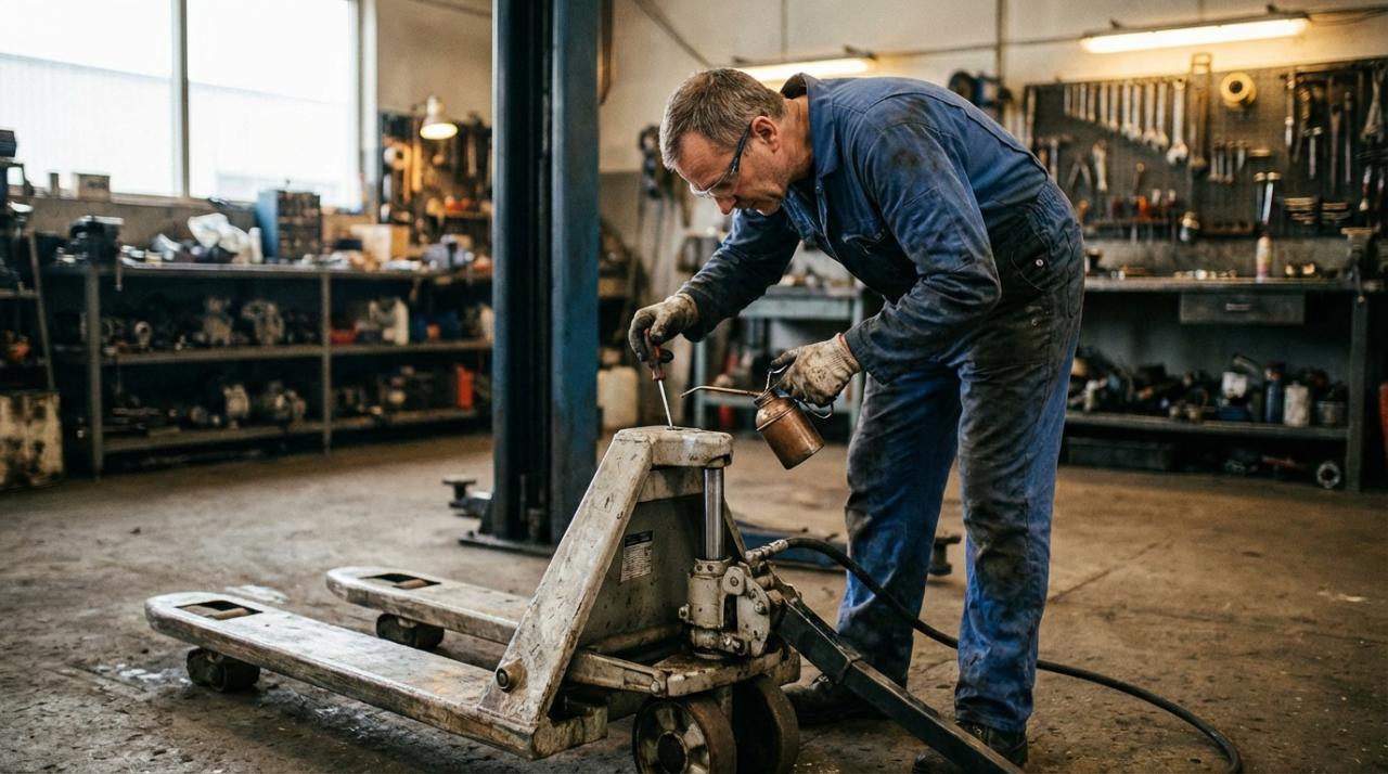 Процесс обслуживания гидравлической тележки-рохли