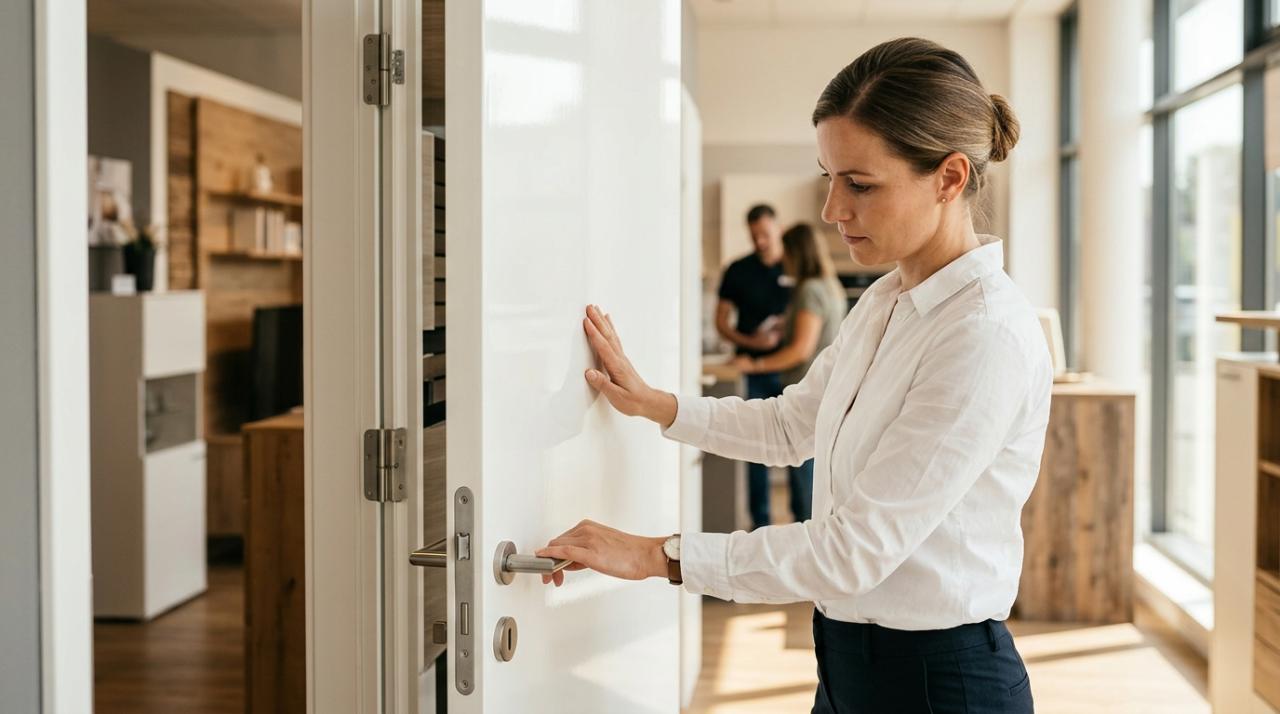 Процесс выбора белой двери в магазине: осмотр покрытия и фурнитуры