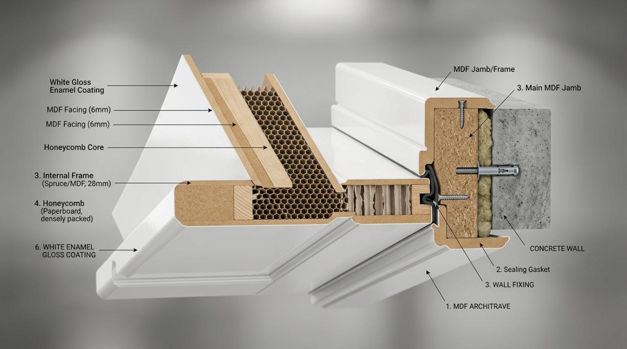 Схематический разрез белой межкомнатной двери с эмалированным покрытием и коробкой из МДФ