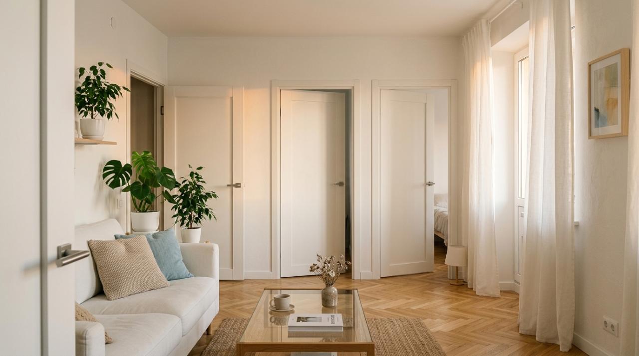 Белые двери в светлой гостиной хрущевки, визуально расширяющие пространство